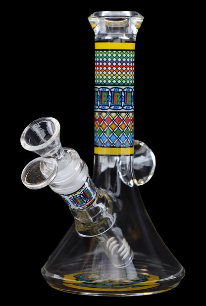 Front view of the 7-inch Diamond Beaker w/ Colourful Tube, showcasing its clear glass construction and vibrant, patterned central tube.