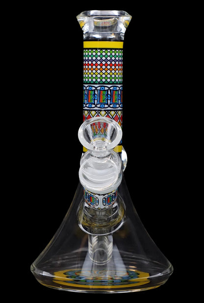 Front view of the 7-inch Diamond Beaker w/ Colourful Tube, showcasing a clear glass beaker with a vibrant, patterned central tube.