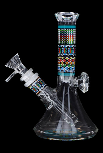 A front view of the 7-inch Diamond Beaker with Colourful Tube, showing the clear glass beaker and vibrant, patterned tube.