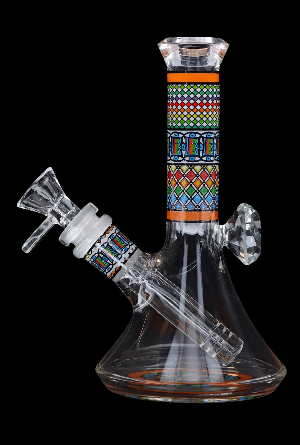 Front view of the 7-inch Diamond Beaker with Colourful Tube, showcasing its clear glass construction and vibrant, patterned central section.