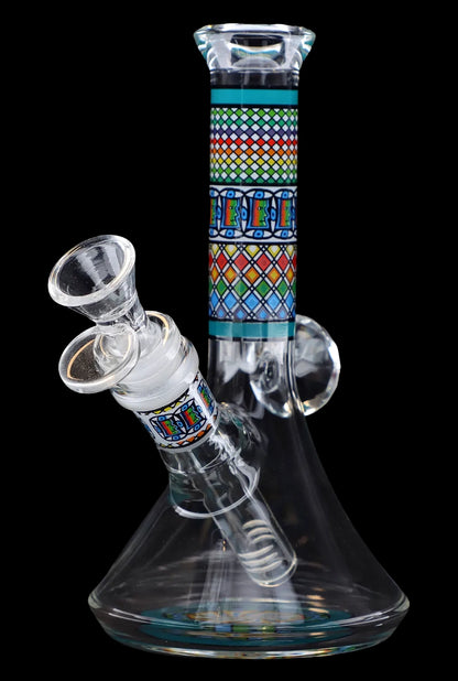 Front view of the 7-inch Diamond Beaker with Colourful Tube, showcasing its clear glass construction and vibrant patterned central section.