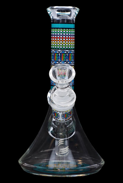 Front view of the 7-inch Diamond Beaker with Colourful Tube, showcasing its patterned glass and beaker shape against a black background.