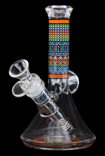 Hand-blown glass water pipe (bong) with colorful patterned accents.