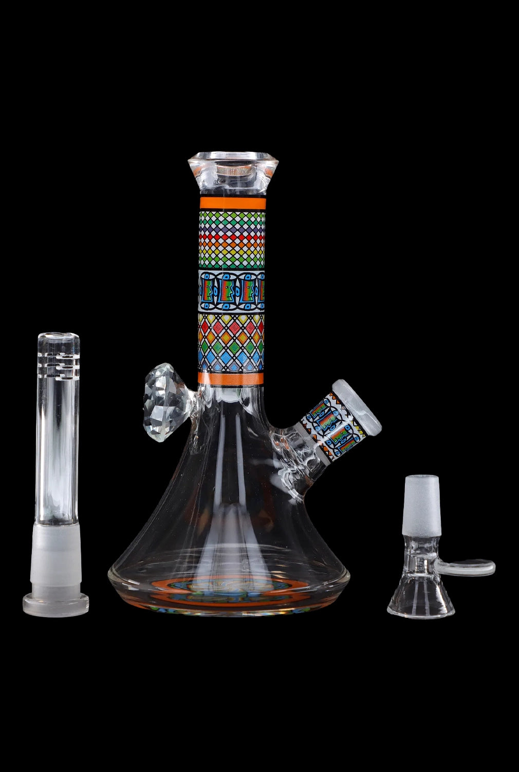 Front view of the 7-inch Diamond Beaker w/ Colourful Tube, showcasing its clear glass construction and vibrant tube design.