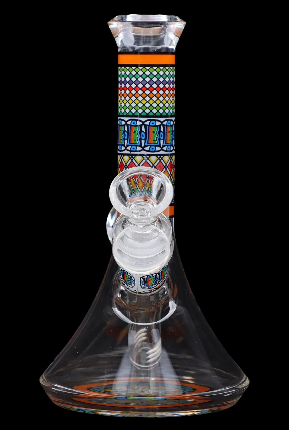 Ornate glass water pipe (bong) with colorful geometric patterns and bubblers.