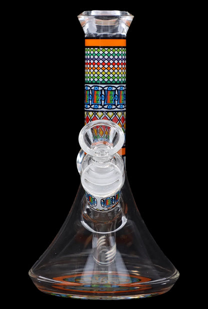 Ornate glass water pipe (bong) with colorful geometric patterns and bubblers.