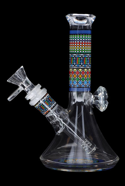 Front view of the 7-inch Diamond Beaker with Colourful Tube, showing a glass beaker with a vibrant, patterned tube.