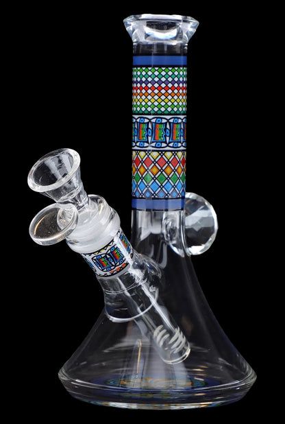 A front view of the 7-inch Diamond Beaker with Colourful Tube, displaying its clear glass construction and vibrant, patterned central tube.