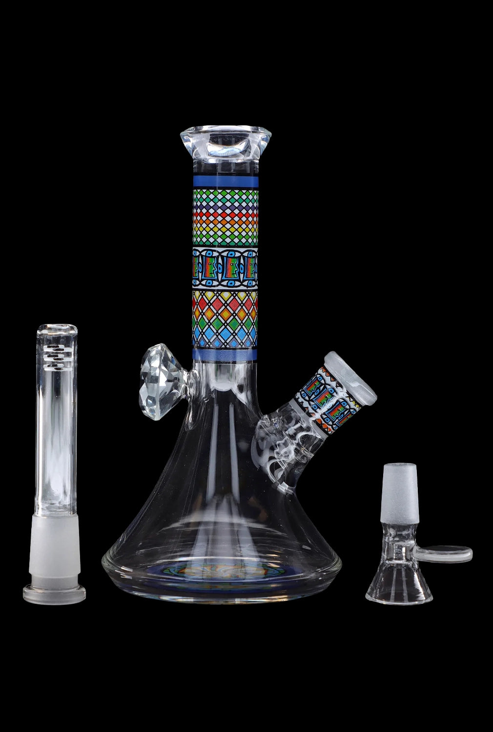 Glass water pipe (bong) with colorful geometric patterns and accompanying glass pieces on a black background.