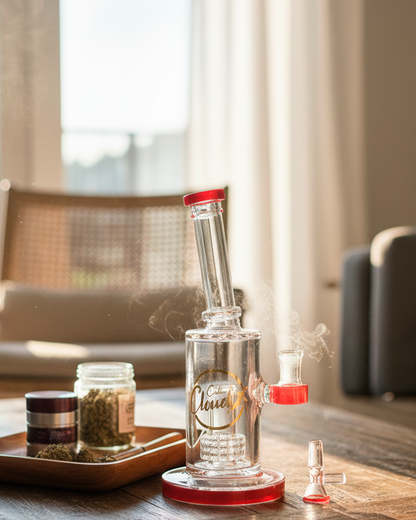 Side view of the Smoke Cartel 8-inch Showerhead Dual-Use Water Pipe w/ Colored Accents in red on a sunlit table, glass catching warm backlight and wisps of smoke.