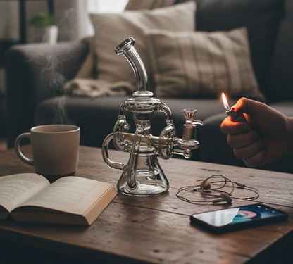A front three-quarter view of the Smoke Cartel Scientific Recycler with Bent Neck Bong on a wooden table amid a coffee mug, open book, earbuds, and a hand lighting it.