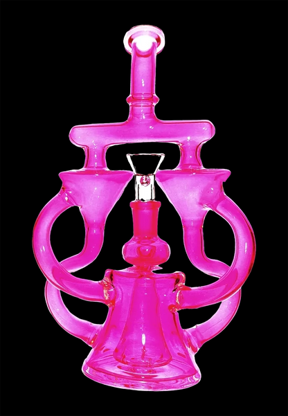 Pink glass water pipe (rig) with ornate, looping design.