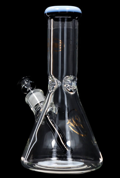 Clear glass bong with ice catch and downstem against a black background.