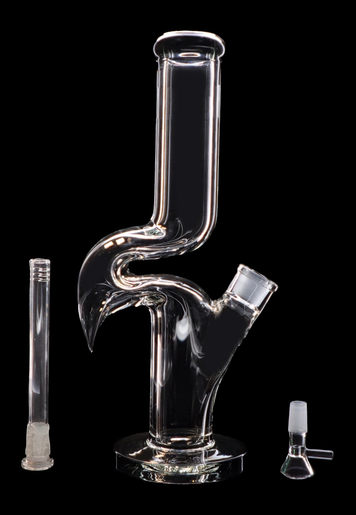 Clear glass water pipe (bong) with a perc filter and accompanying glass downstem and bowl, isolated on a black background.