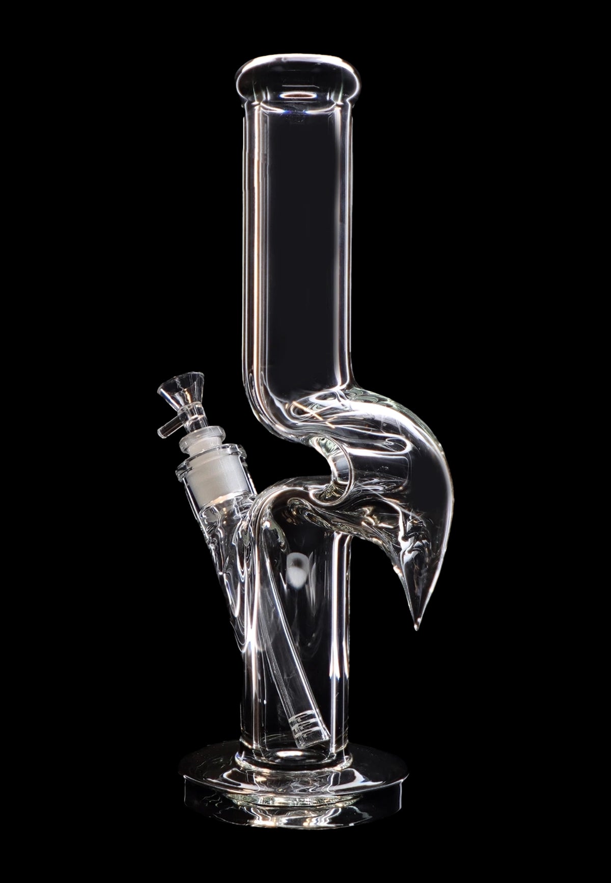 Clear glass water pipe (bong) with intricate curves and a bowl piece, isolated on a black background.