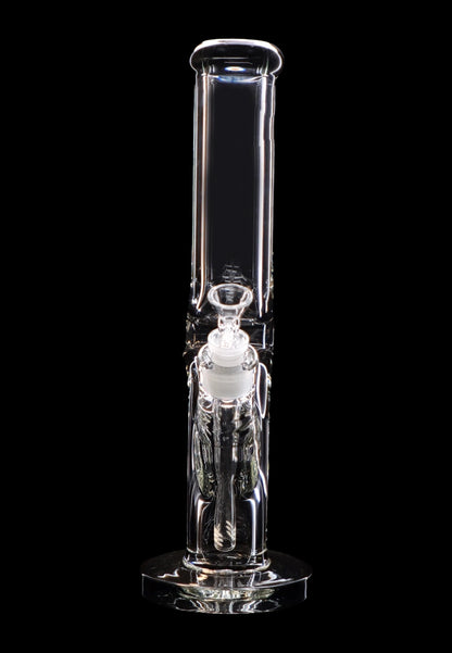 Clear glass water pipe (bong) with intricate design, isolated on black.