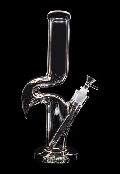 Clear glass water pipe (bong) with intricate swirls and a bowl piece, isolated on a black background.