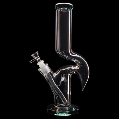 Clear glass water pipe (bong) with an intricate curved neck and ice catch, isolated on a black background.