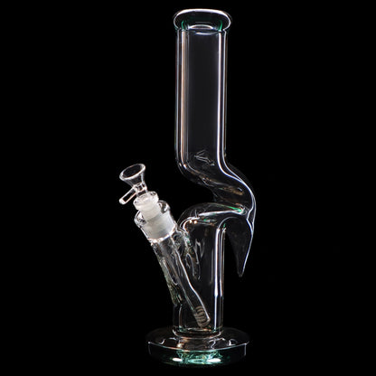 Clear glass bong with intricate swirling design and removable bowl, isolated on black.