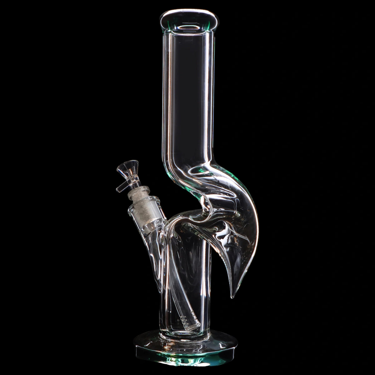 Clear glass water pipe (bong) with a complex percolator design, isolated on a black background.