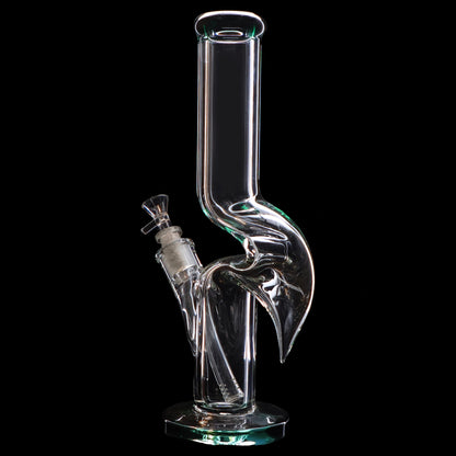 Clear glass water pipe (bong) with a complex percolator design, isolated on a black background.
