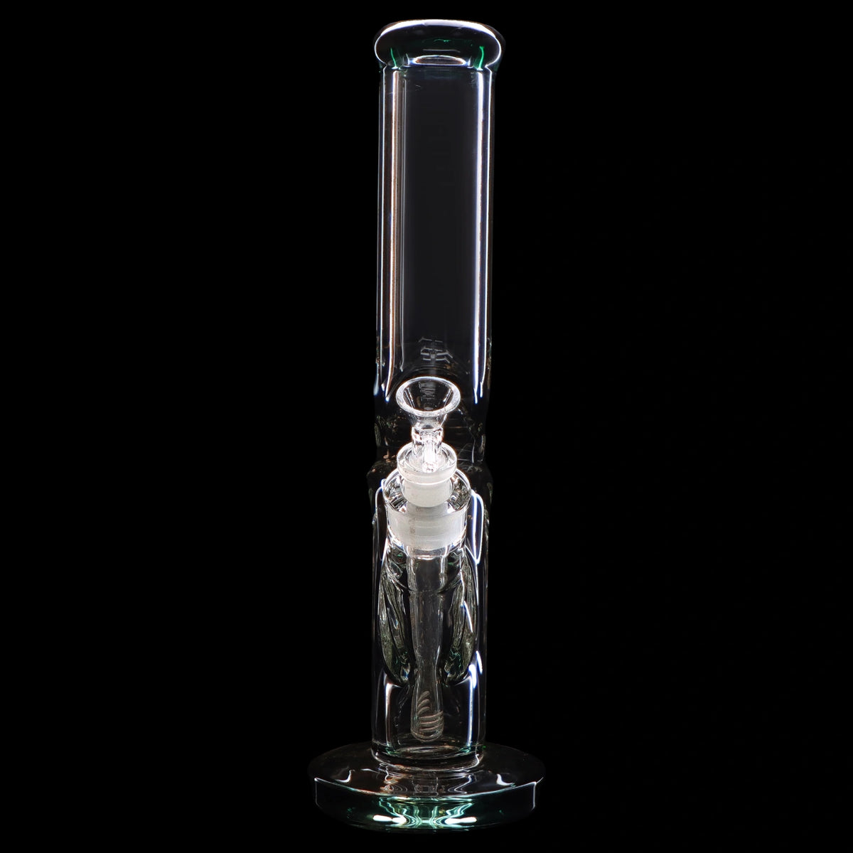 Clear glass bong with intricate bubbler design, isolated on black.