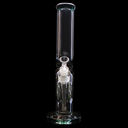 Clear glass bong with intricate bubbler design, isolated on black.