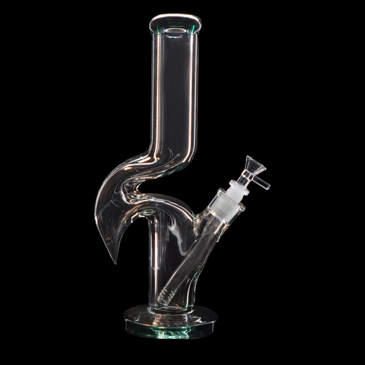 Clear glass water pipe (bong) with a uniquely curved neck and ice pinch.