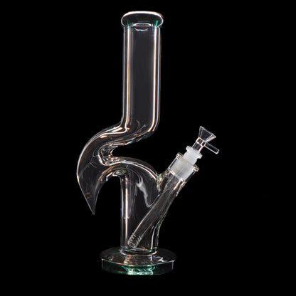 Clear glass water pipe (bong) with a uniquely curved neck and ice pinch.