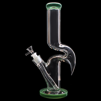 Clear glass water pipe (bong) with green accents and intricate curves, isolated on a black background.