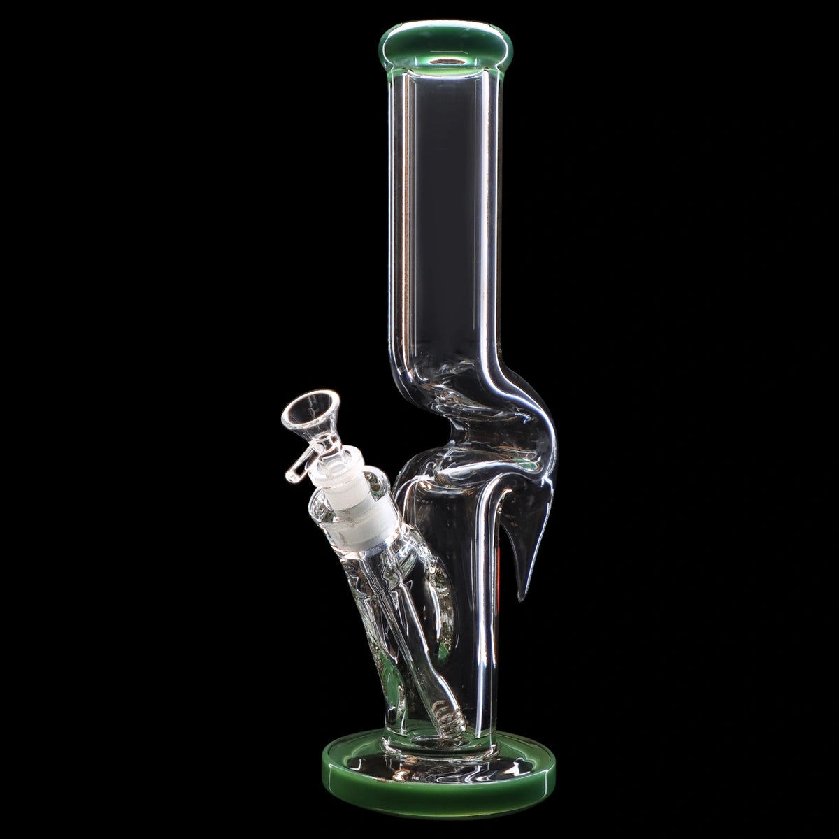 Clear glass water pipe (bong) with green accents on a black background.