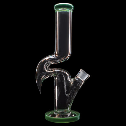 Clear glass water pipe (bong) with a green base and mouthpiece.