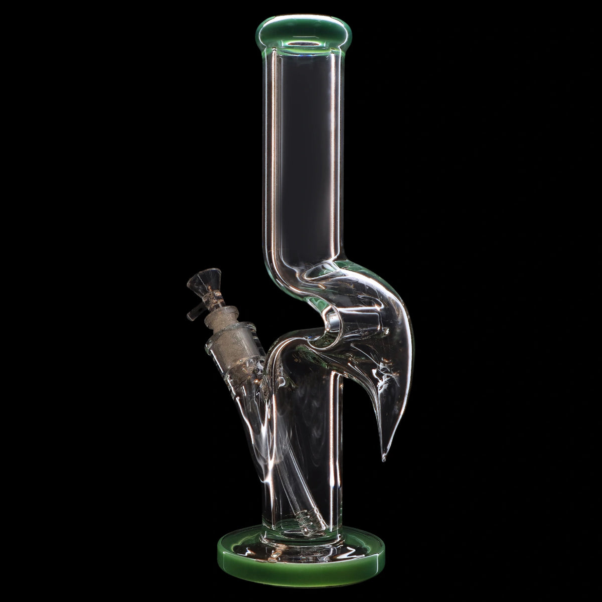 Clear glass water pipe (bong) with green accents, studio shot on a black background.