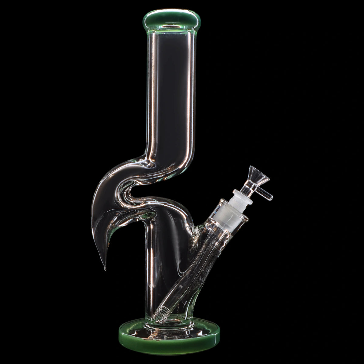 Glass water pipe (bong) with a green base and mouthpiece.
