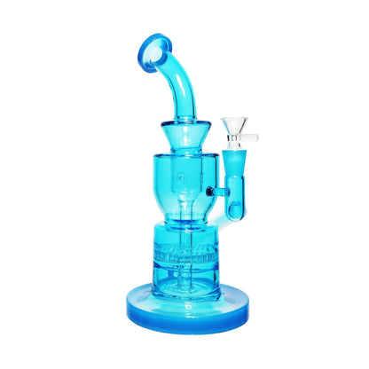 Close-up front view of the Smoke Cartel Neon Bent Neck with Honeycomb Percolator and Thick Base Bong in translucent purple glass against a white background.
