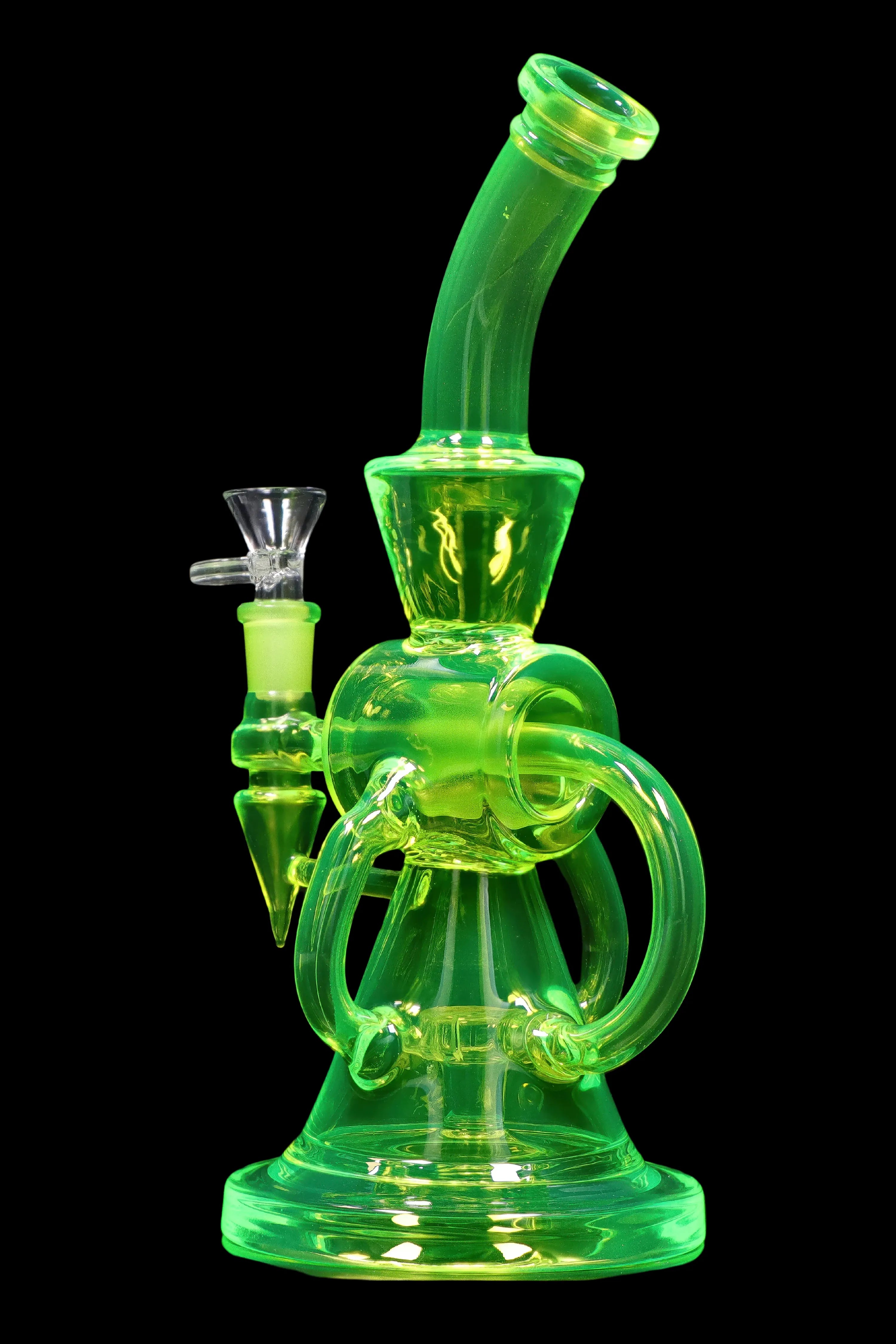 Green glass water pipe (rig) with intricate looped design and glass bowl.