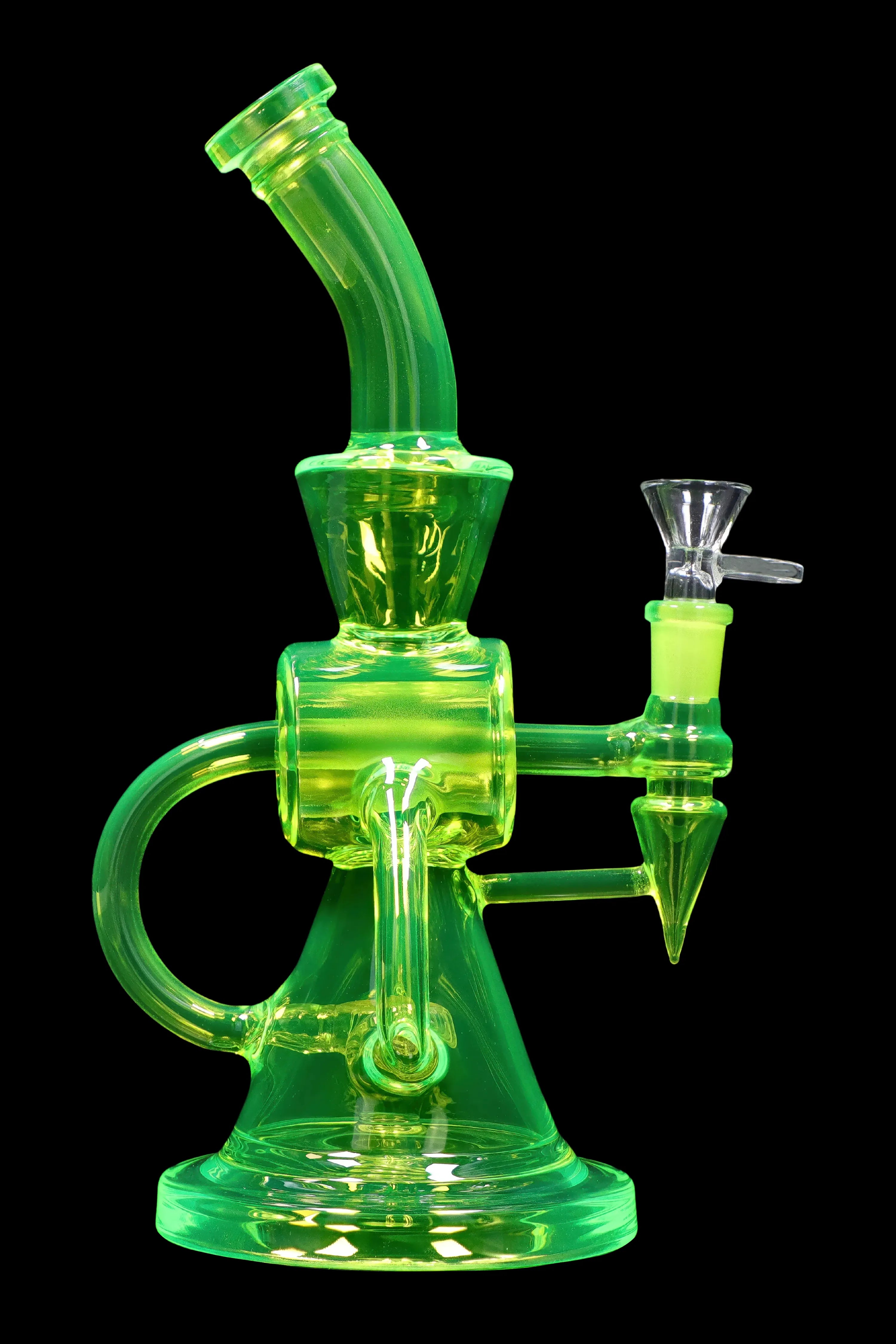Green glass dab rig with complex bubbler design.