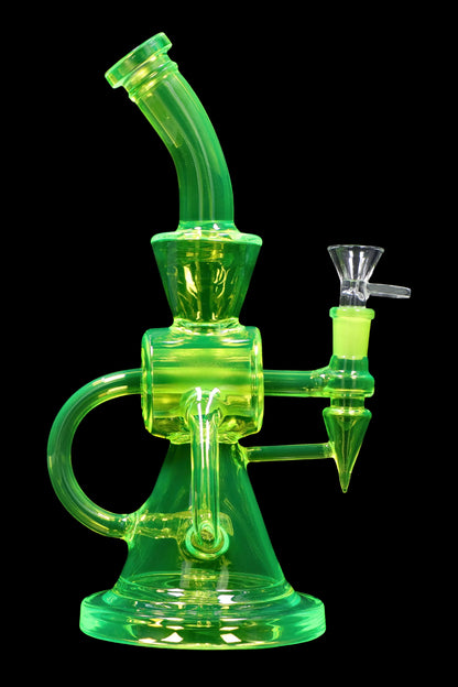 Green glass dab rig with complex bubbler design.
