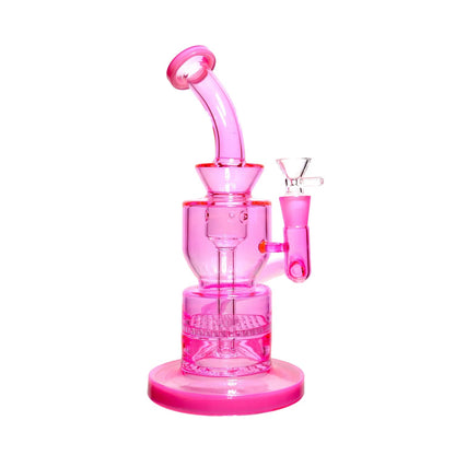 Close-up front view of the Smoke Cartel Neon Bent Neck with Honeycomb Percolator and Thick Base Bong in translucent pink against a white background.
