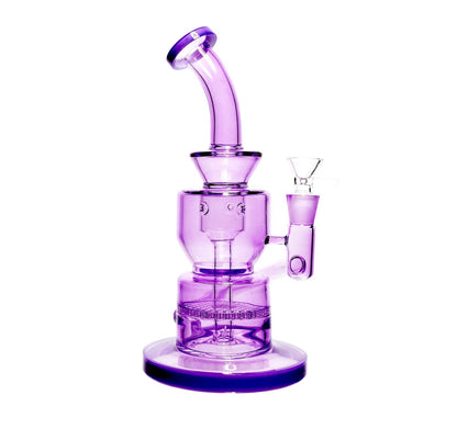 Close-up front view of the purple Smoke Cartel Neon Bent Neck with Honeycomb Percolator and Thick Base Bong against white.