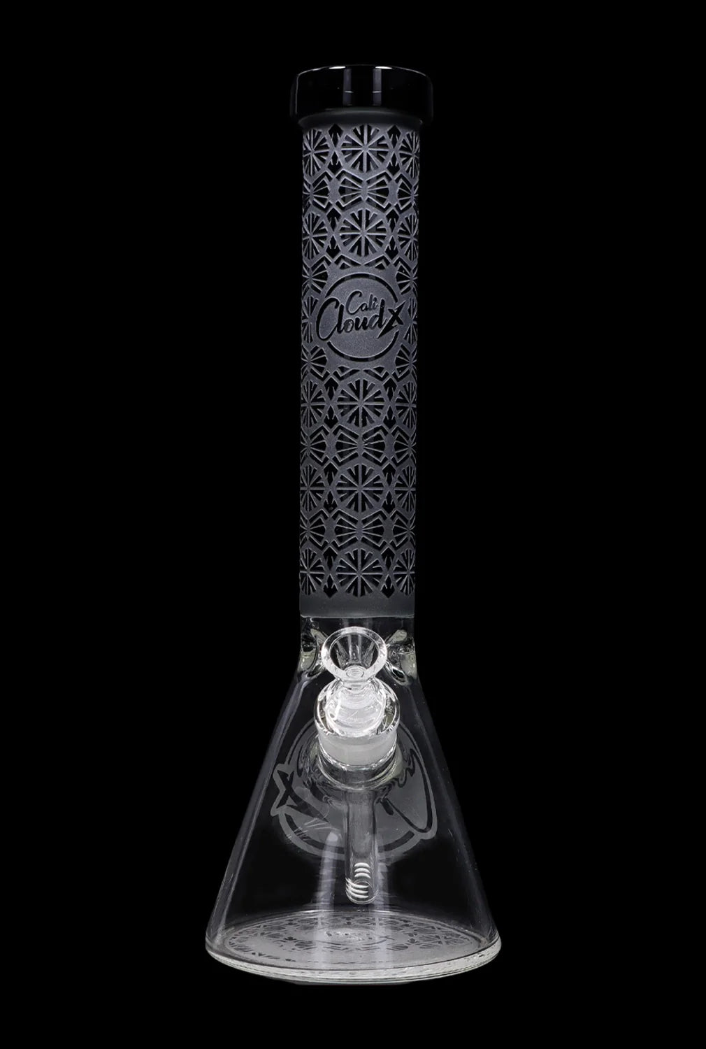 Black glass bong with intricate etched design and clear glass downstem.