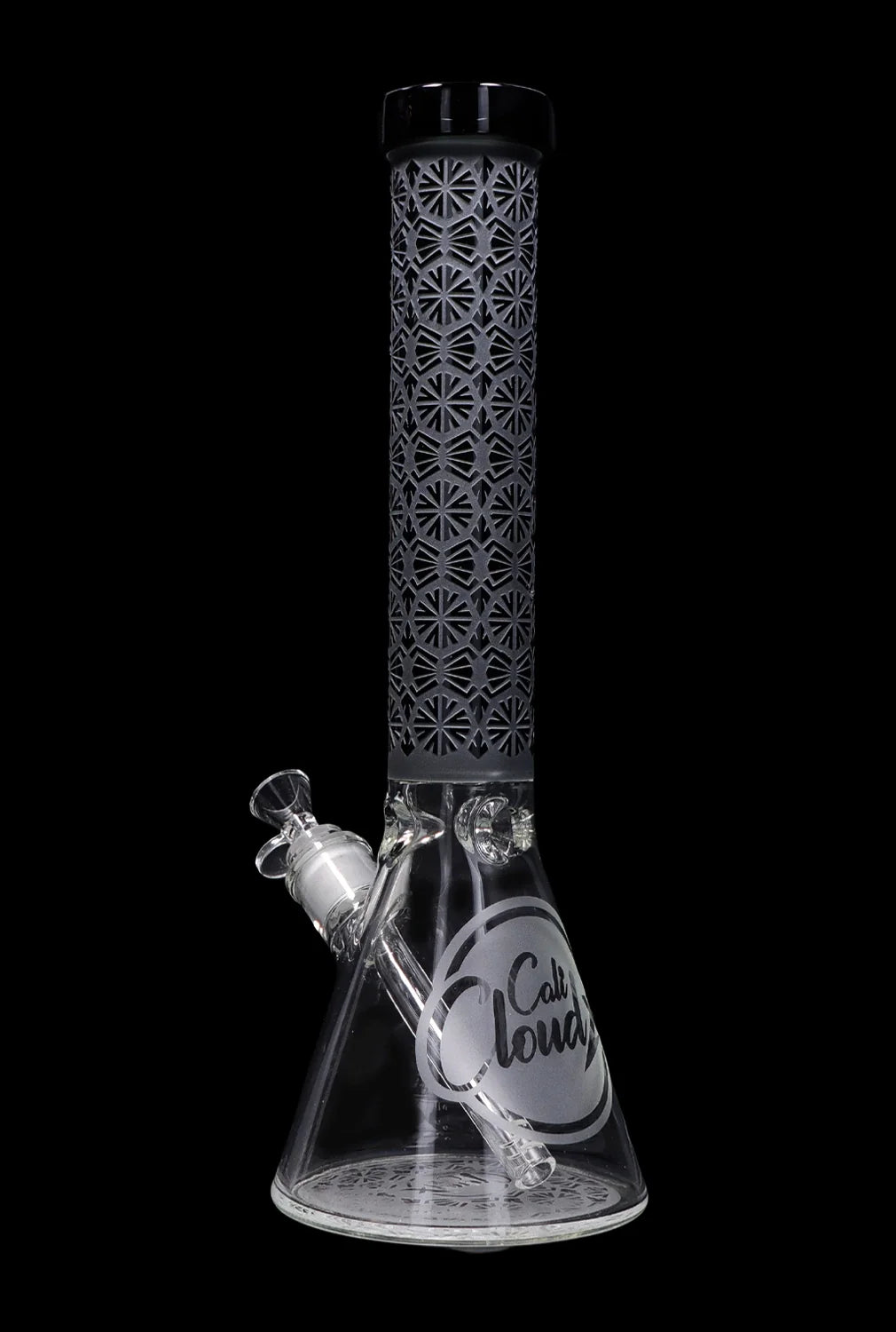 Black glass bong with intricate laser-cut detailing and a clear base, featuring “Caliloud” branding.