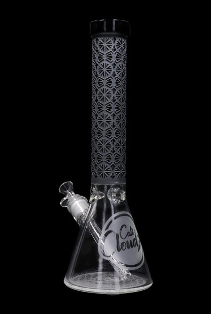 Black glass bong with intricate laser-cut detailing and a clear base, featuring “Caliloud” branding.