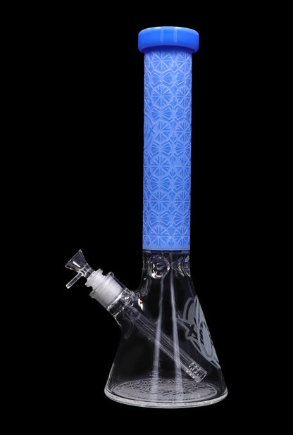 Front view of the 14-inch Patterned Printed w/ Coloured Tube Beaker in milky blue, showcasing a detailed, printed design on the glass tube.