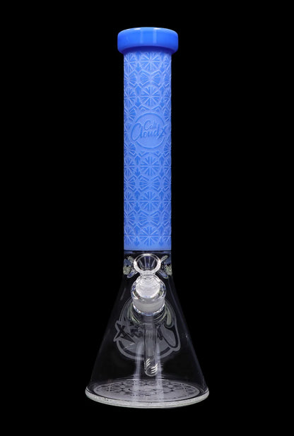 A studio shot of the 14-inch Milky Blue Patterned Printed beaker, showing its striking blue tube and detailed printed pattern.