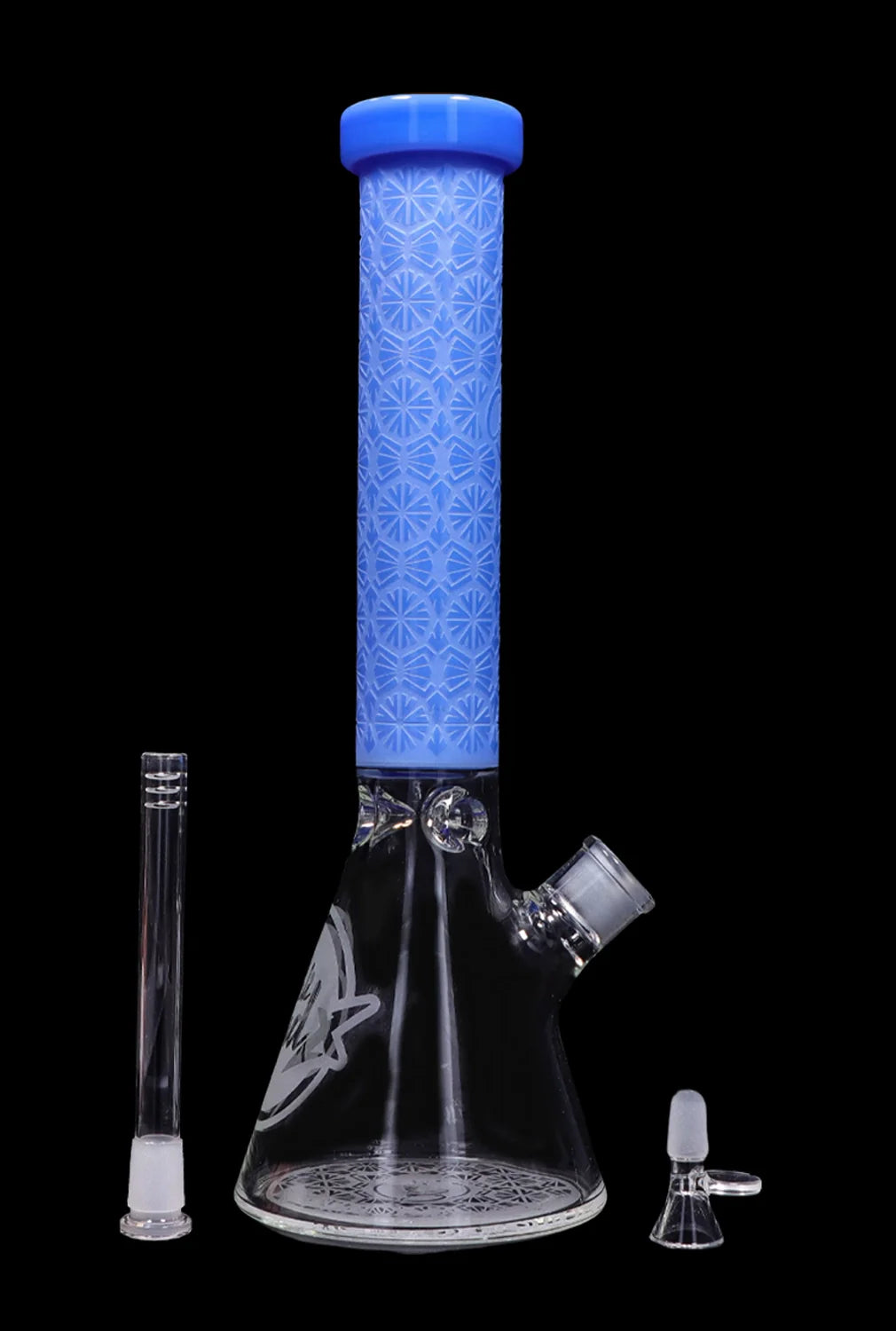 A front view of the 14-inch Patterned Printed w/ Coloured Tube Beaker in milky blue, alongside a glass downstem and bowl.