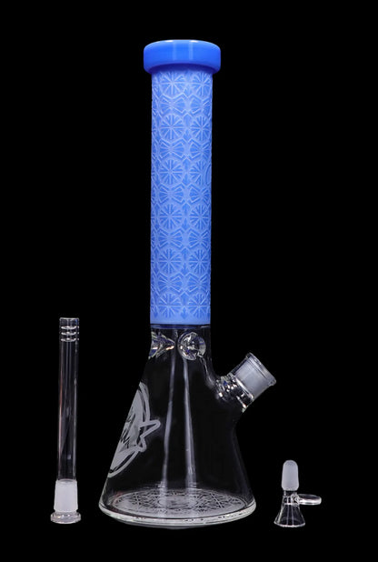 A front view of the 14-inch Patterned Printed w/ Coloured Tube Beaker in milky blue, alongside a glass downstem and bowl.
