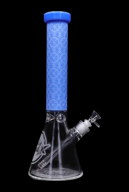 Front view of the 14-inch Patterned Printed w/ Coloured Tube Beaker in milky blue, showcasing its patterned design against a black background.