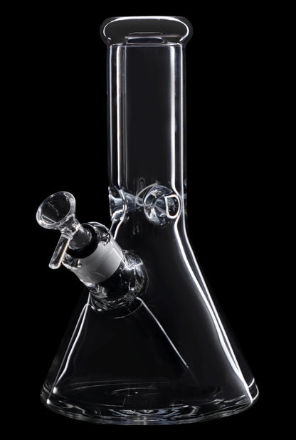 Clear glass bong with a downstem and bowl against a black background.