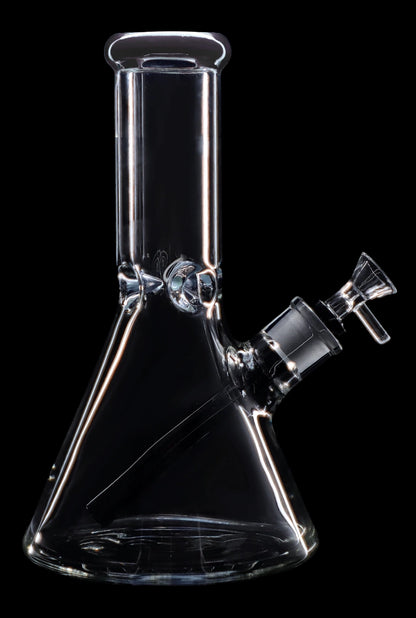 Clear glass bong with ice catcher and angled downstem, isolated on black.